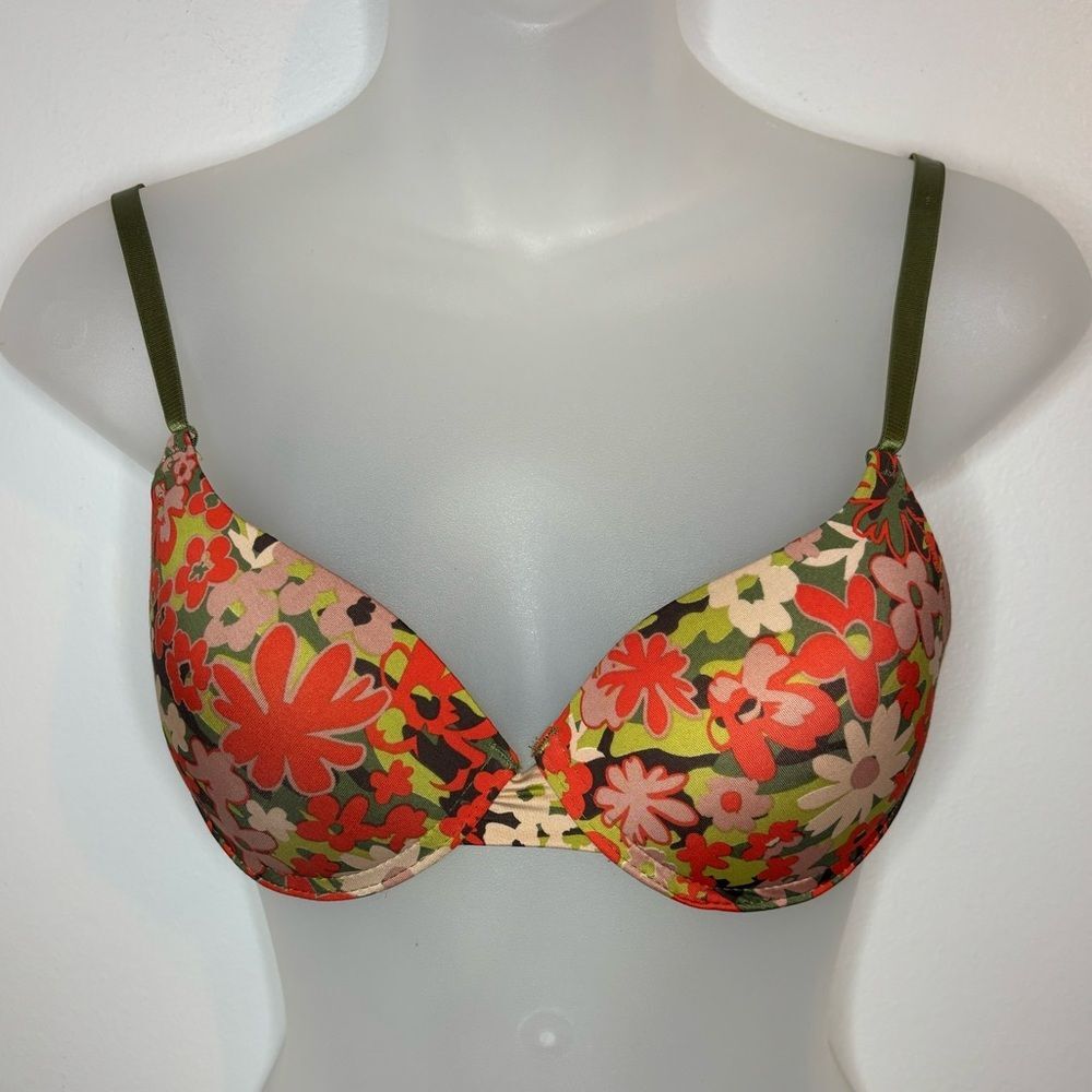 Women’s 34B Floral Push Up Bra Green Pink Orange Molded Underwire